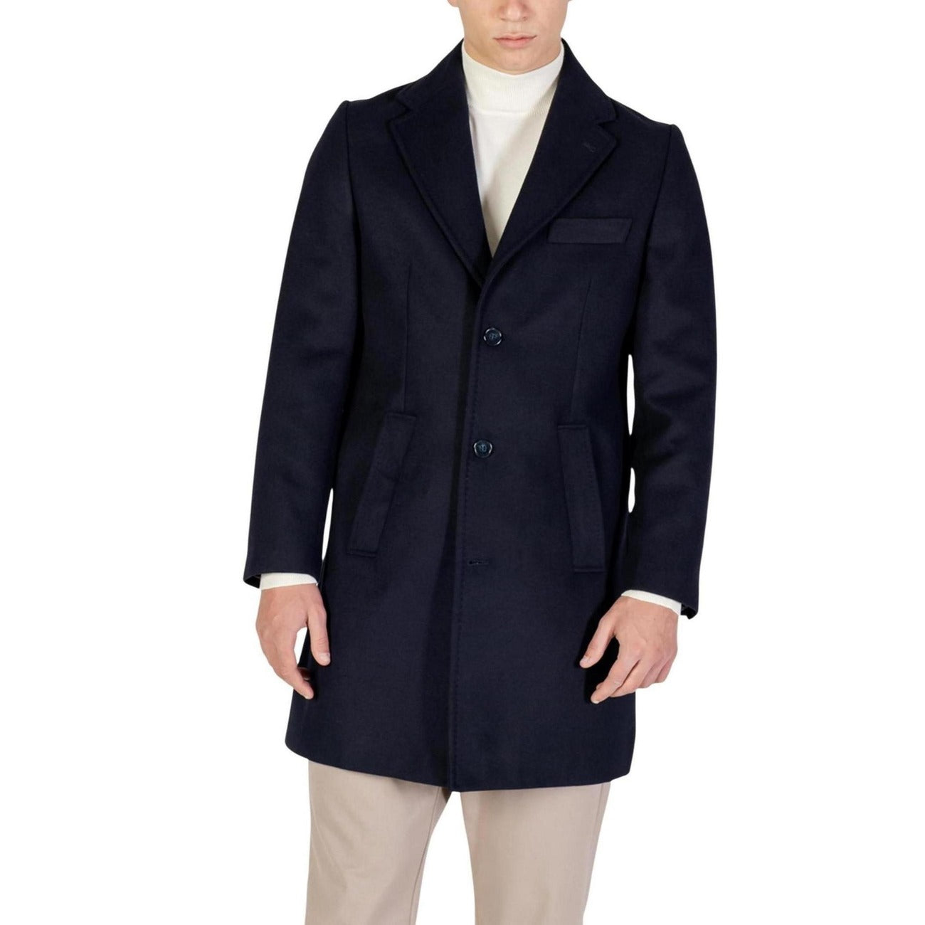 Yos Men Coat V-Neck Blue Polyester Elastane