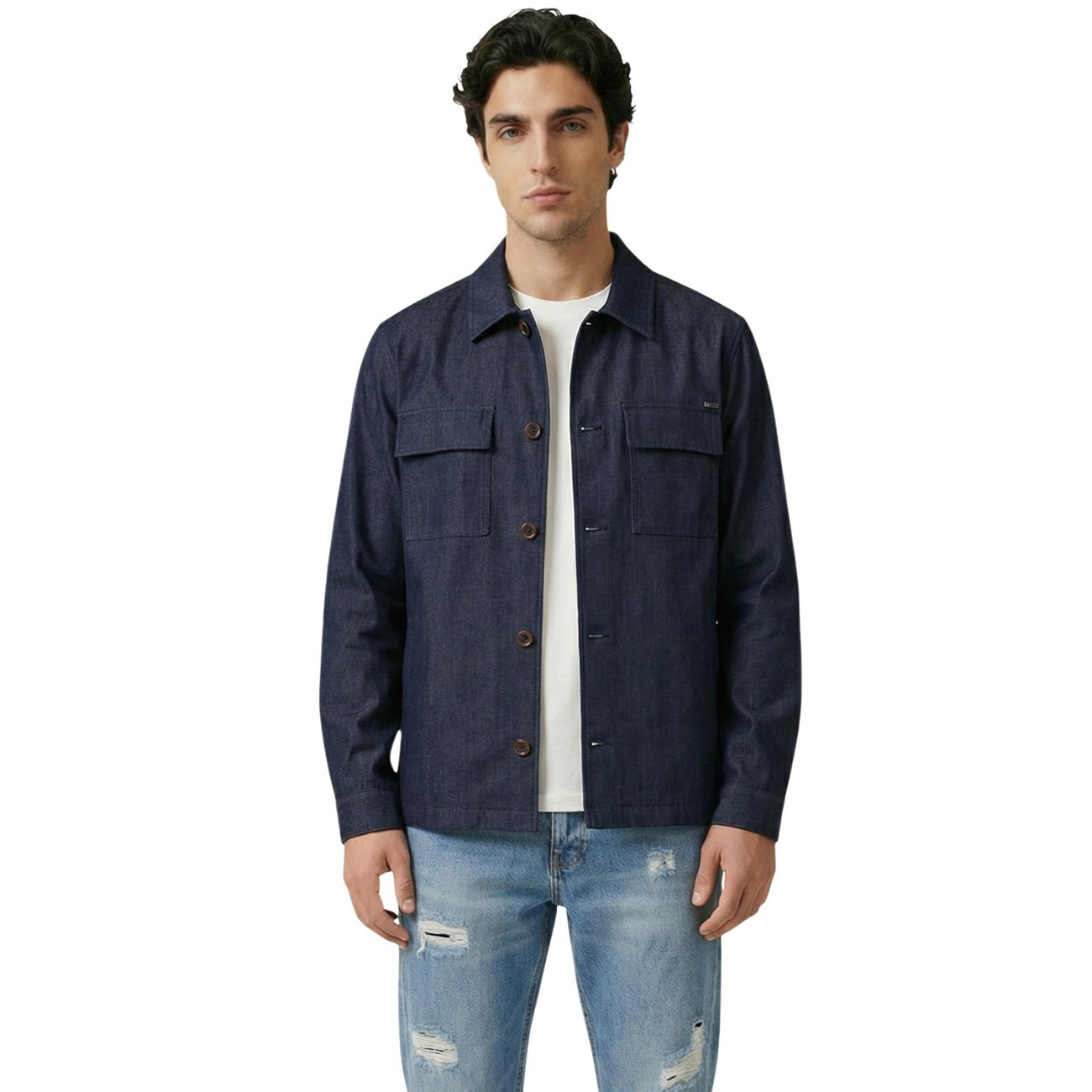 Gianni Lupo Men Shirt 100% Lyocell Blue – front view, round neck, classic collar, long sleeves