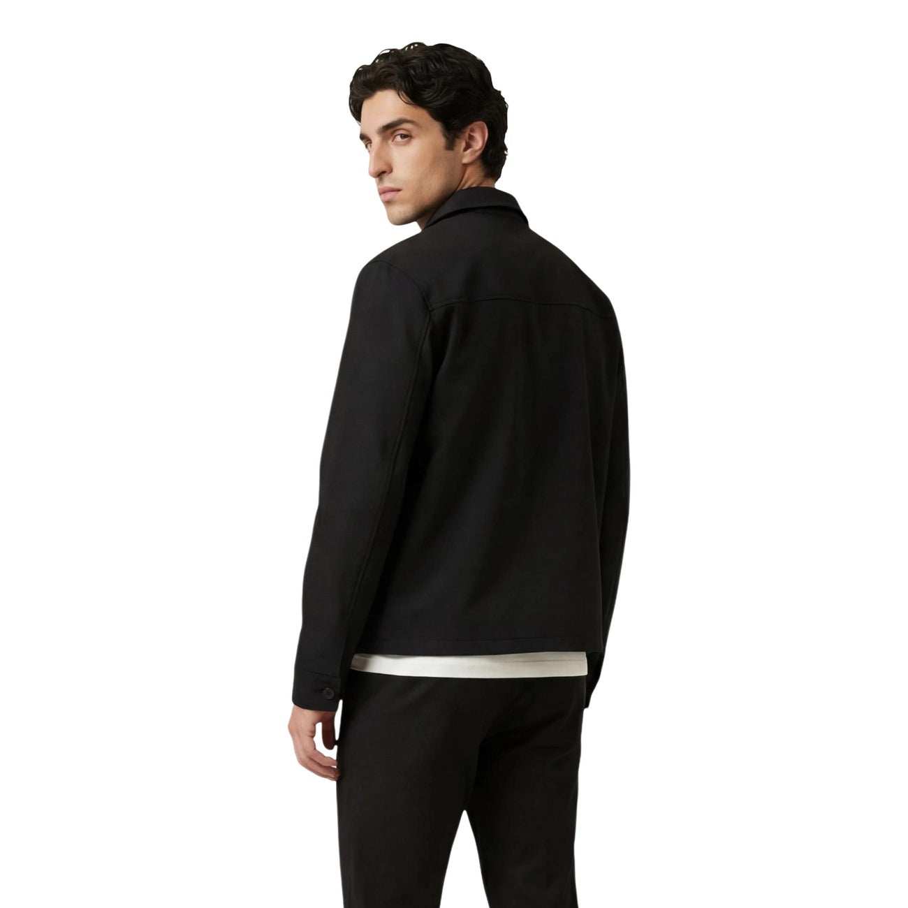 Back view of the black blazer showcasing the collar and front pockets.