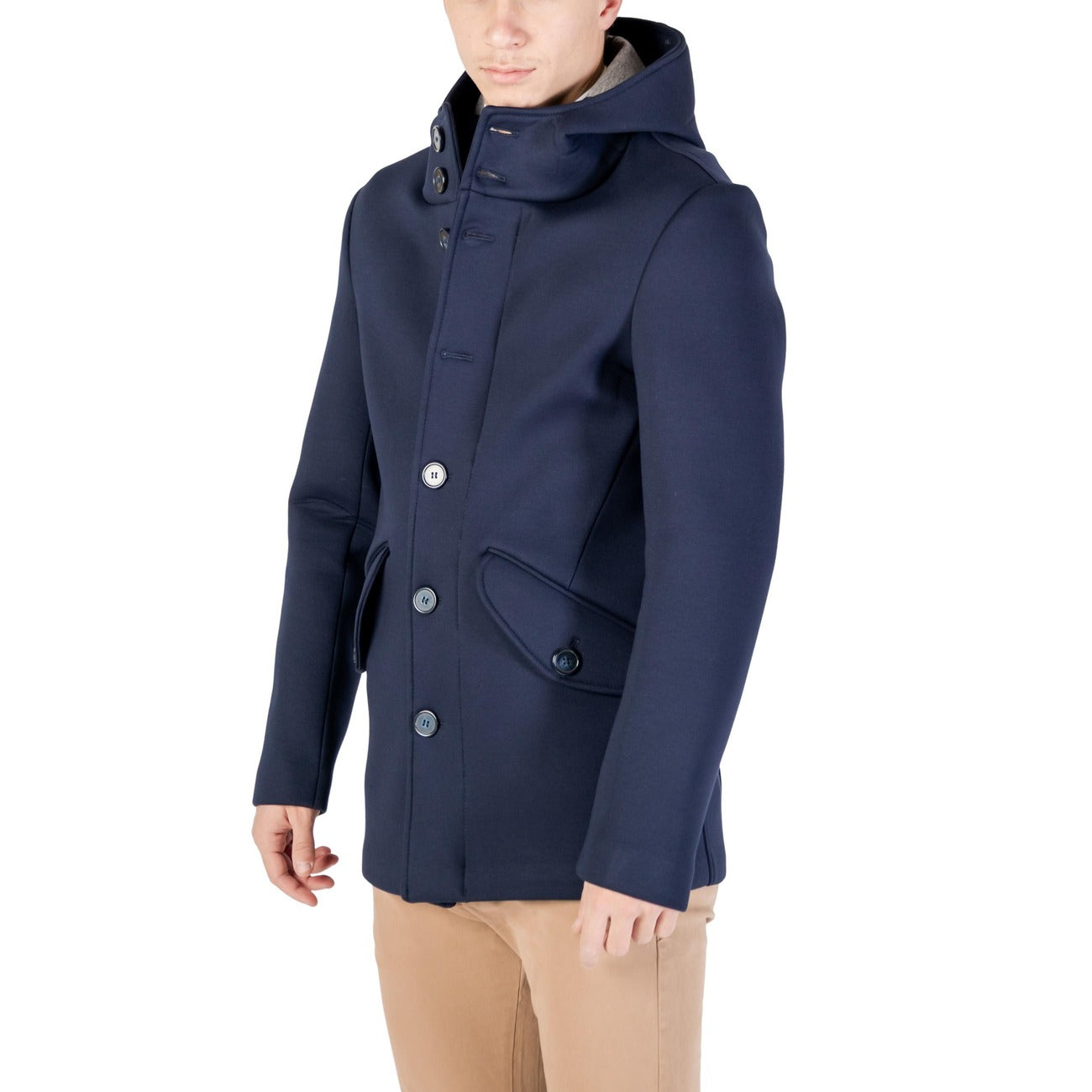 Side view of the navy Yos men's blazer showcasing the hood and button closure.