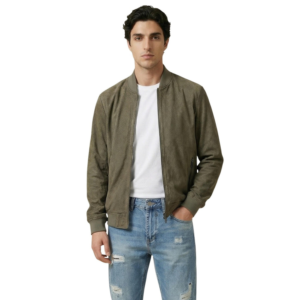 Front view of a man wearing a green Yos jacket with zipper closure against a white background.