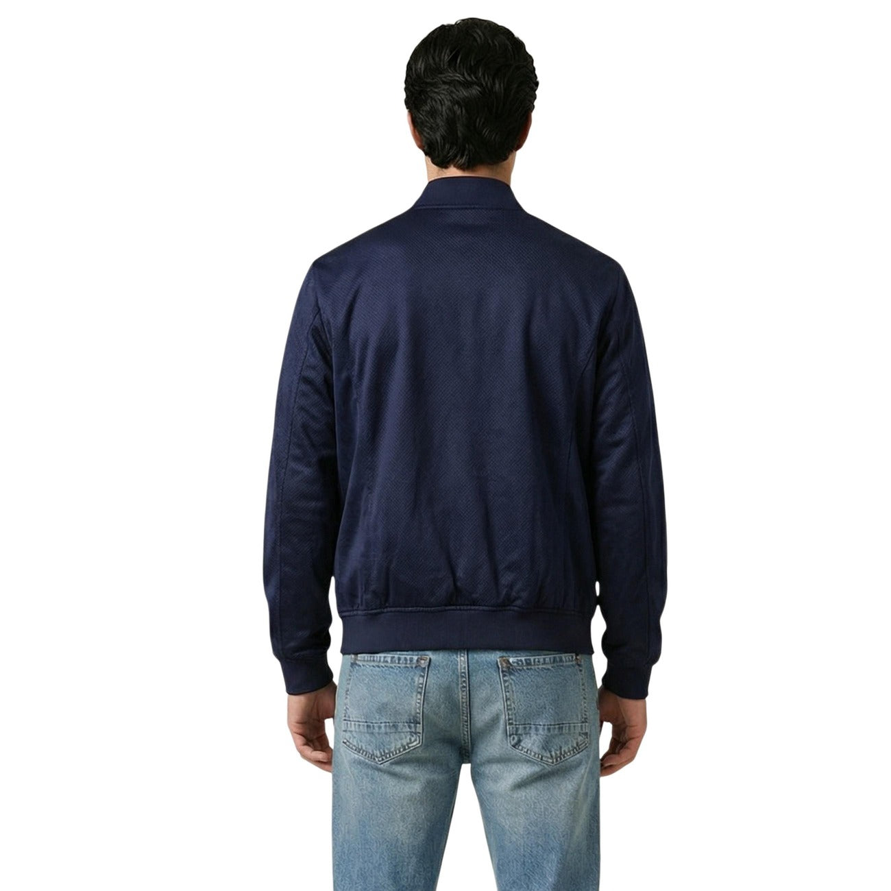 Back view of a man in a blue denim jacket showcasing a plain back on a white background.
