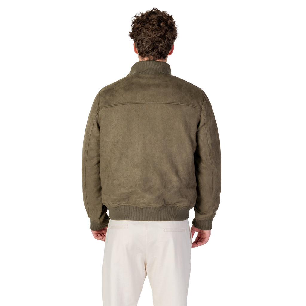 Back view of the olive green blazer featuring a collar on a white background