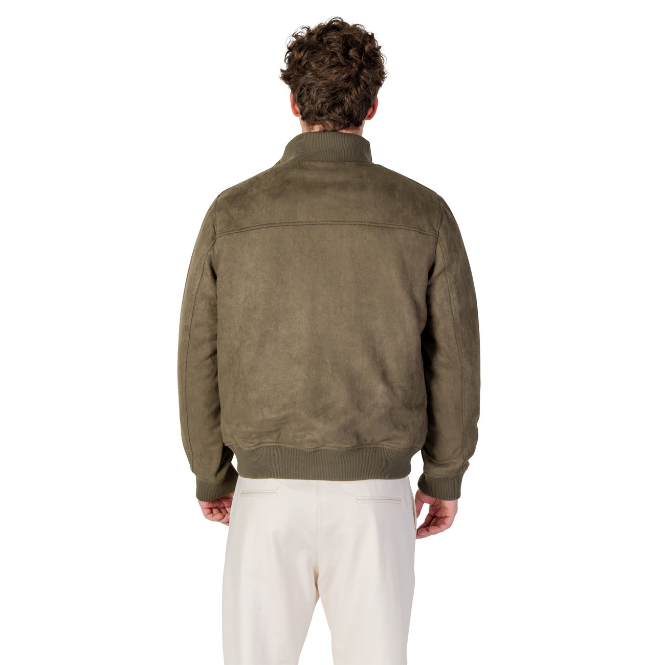 Back view of the olive green blazer featuring a collar on a white background