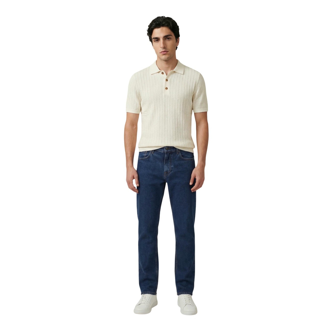 Lifestyle shot of the beige polo shirt paired with jeans, highlighting a casual style.