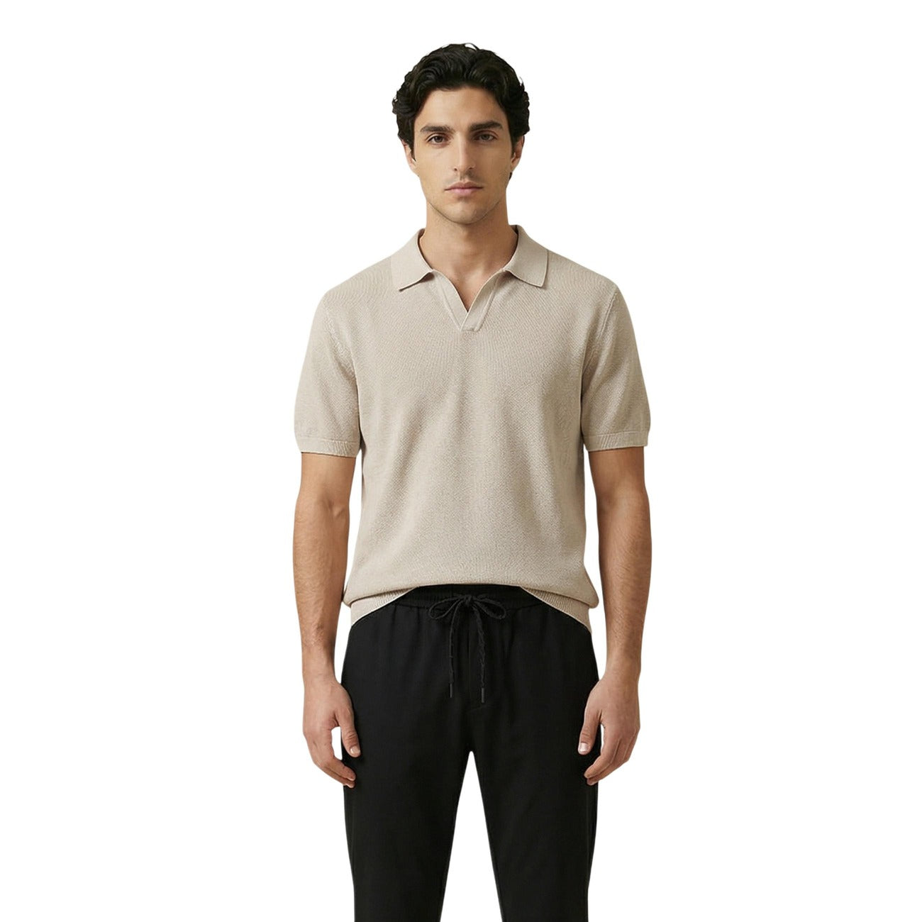 Front view of the beige polo shirt featuring short sleeves and a collar on a white background
