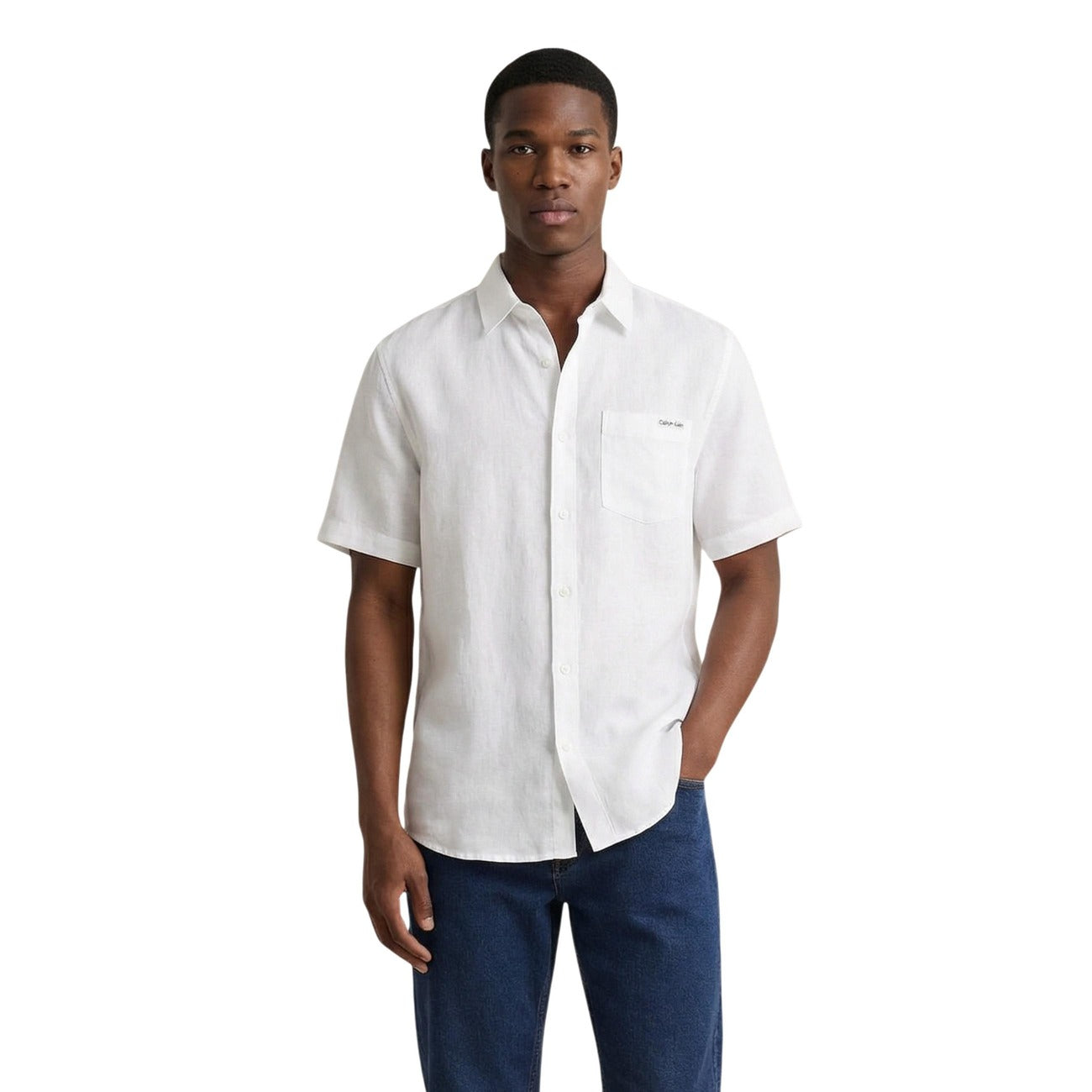 Calvin Klein Jeans Men Shirt Linen Lyocell White – front view, round neck, classic collar, short sleeves