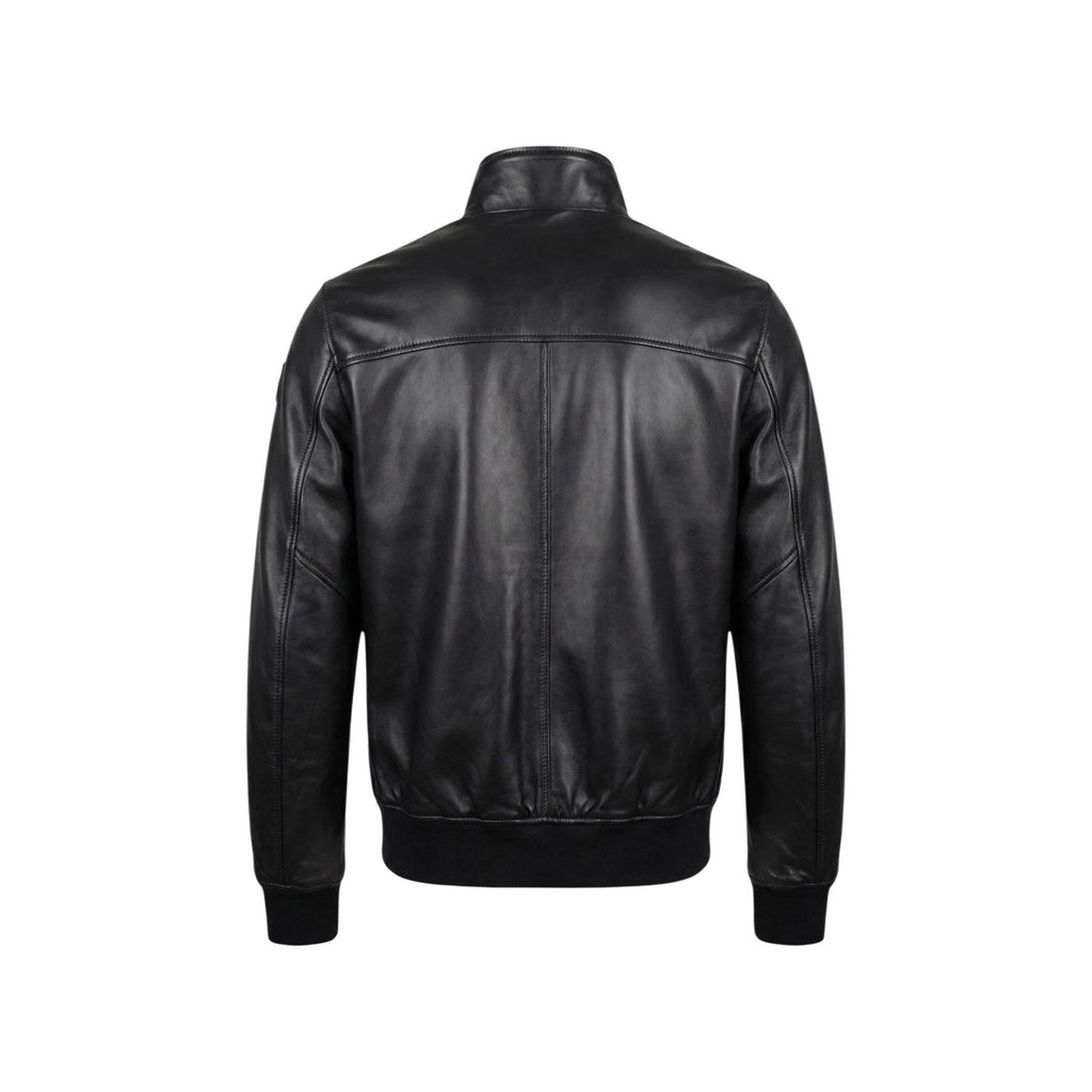 Back view of the black leather blazer showcasing a smooth texture and collar.