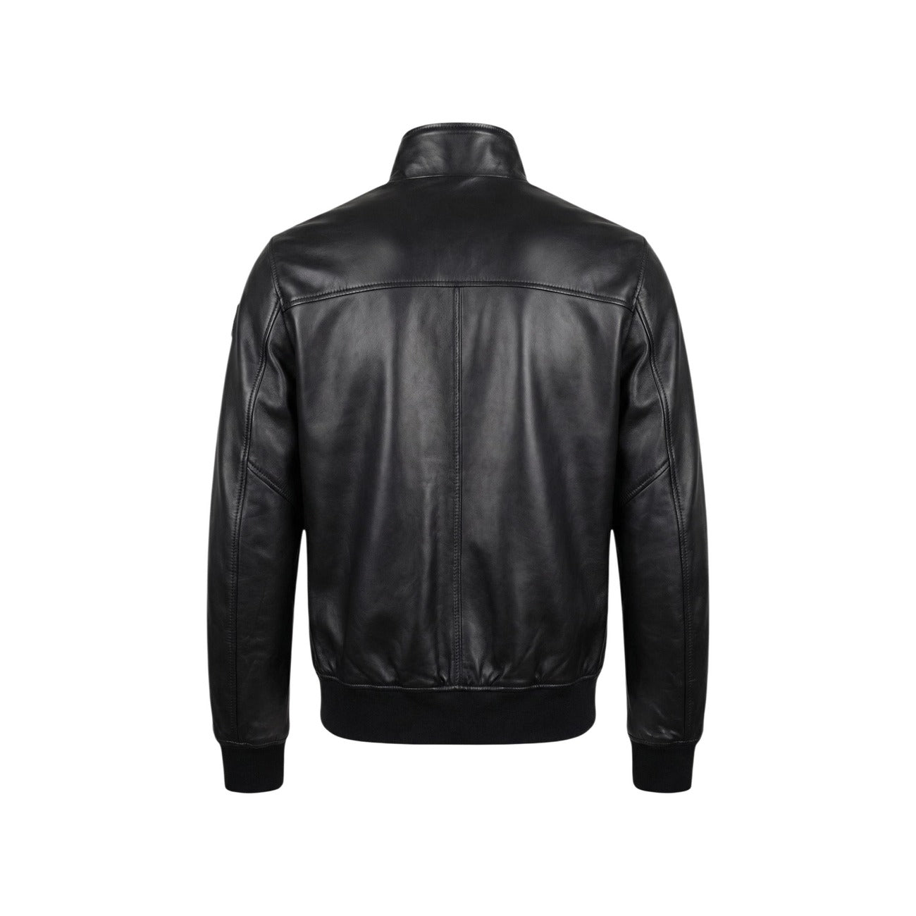 Back view of the black leather blazer showcasing a smooth texture and collar.