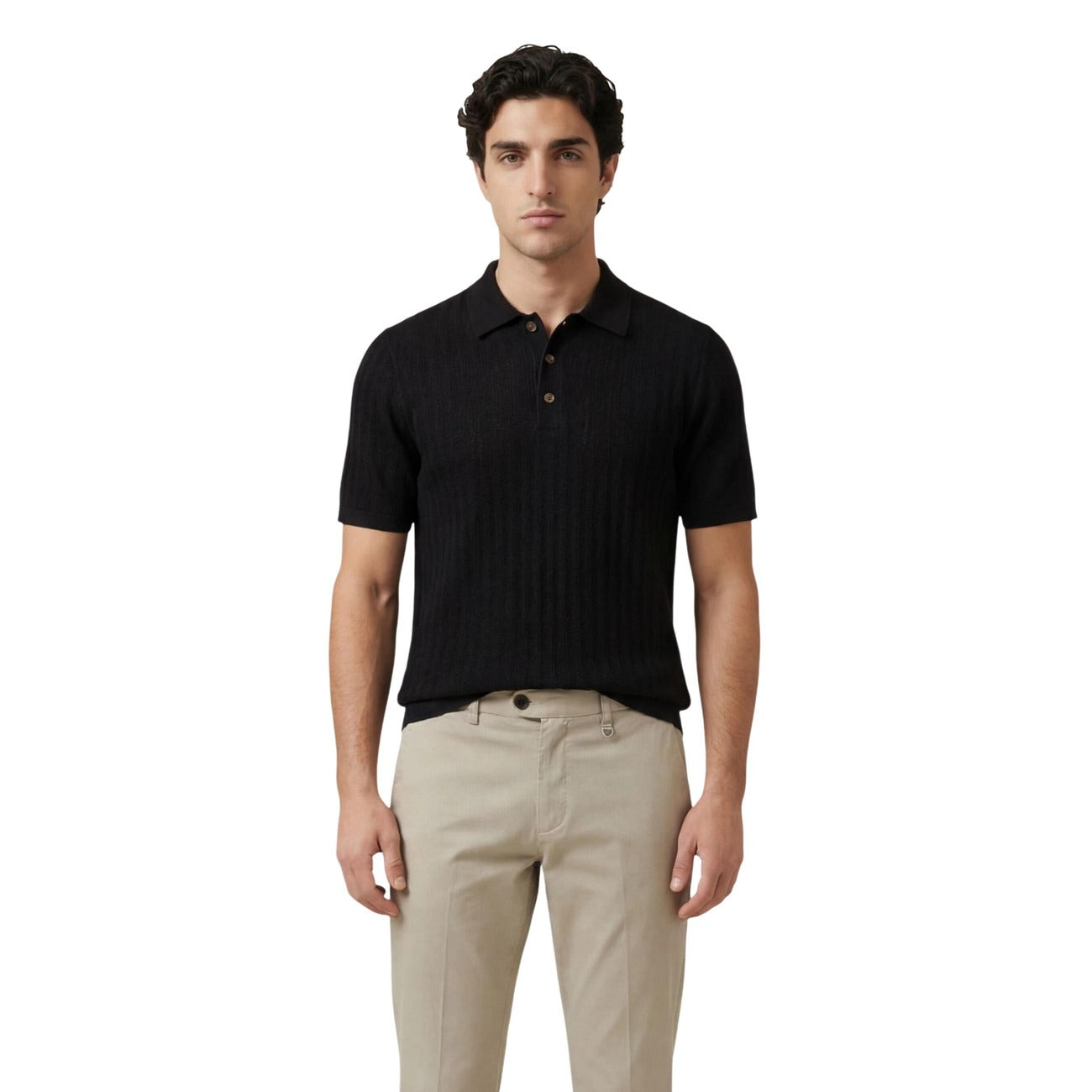 Front view of the black polo shirt featuring short sleeves and a button placket.