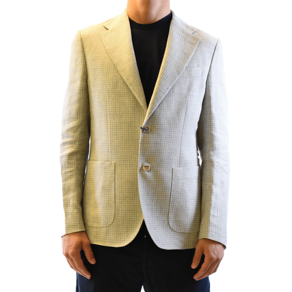 Front view of the light blue checked blazer with a notched lapel on a white background