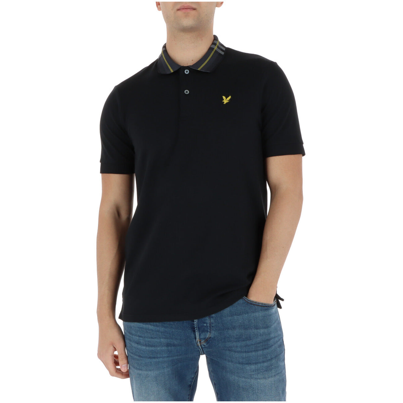 Front view of the black polo shirt featuring a collar and short sleeves on a white background.