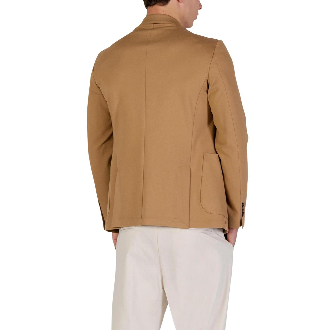 Back view of the beige tan blazer showcasing a vented back and tailored fit.