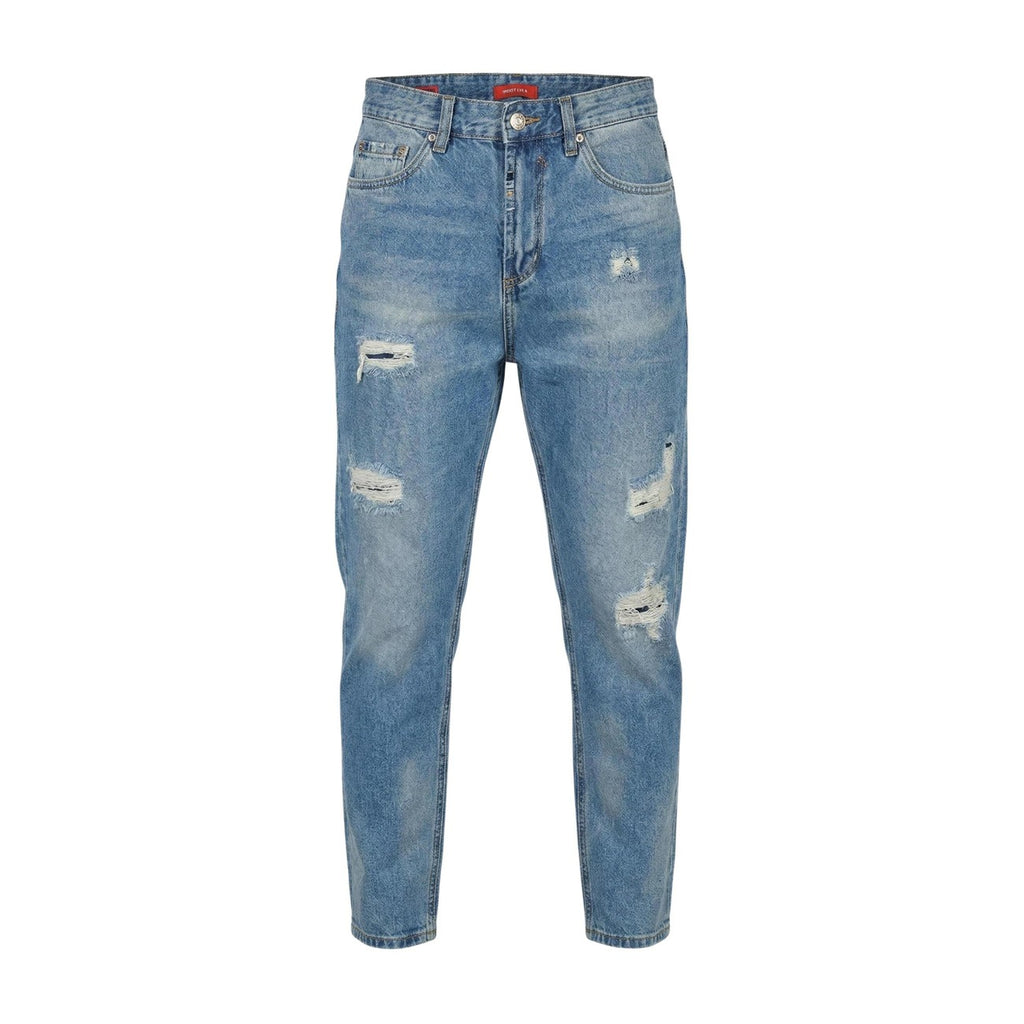 Front view of distressed light blue jeans featuring a button closure on a white background