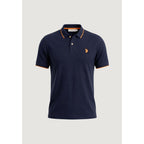 Front view of the navy polo shirt with orange accents, featuring a collared design and embroidered logo on a solid backgro…