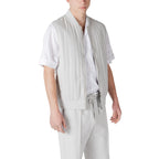 Side view of the light gray vest showcasing the zipper closure and collarless design on a white background.