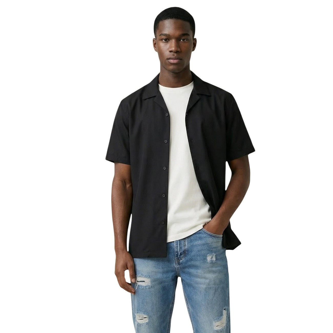 Gianni Lupo Men Shirt Viscose Black – front view, round neck, classic collar, short sleeves